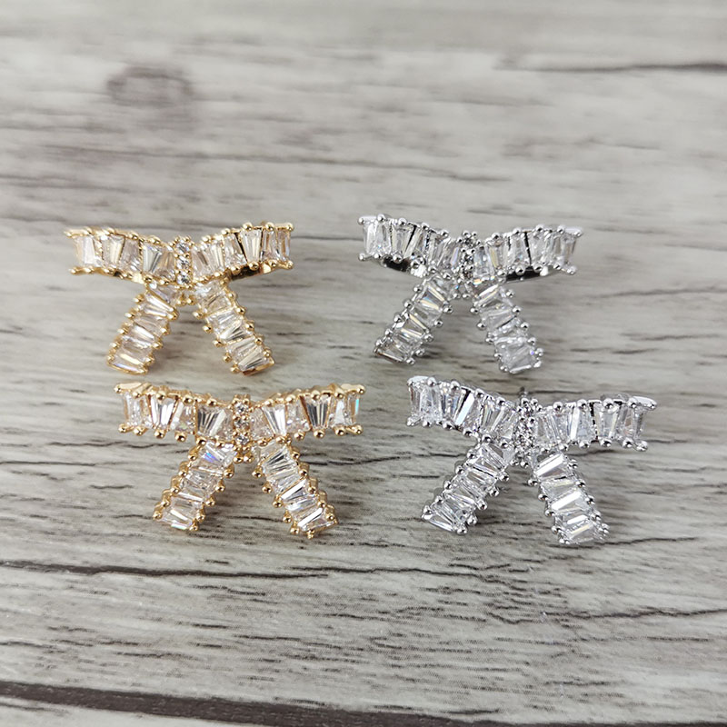 

Simplicity Fashion Bowknot Shape Earring Micro Pave Crystal CZ Earrings For Women Jewelry Good Gift ER1114, Golden;silver