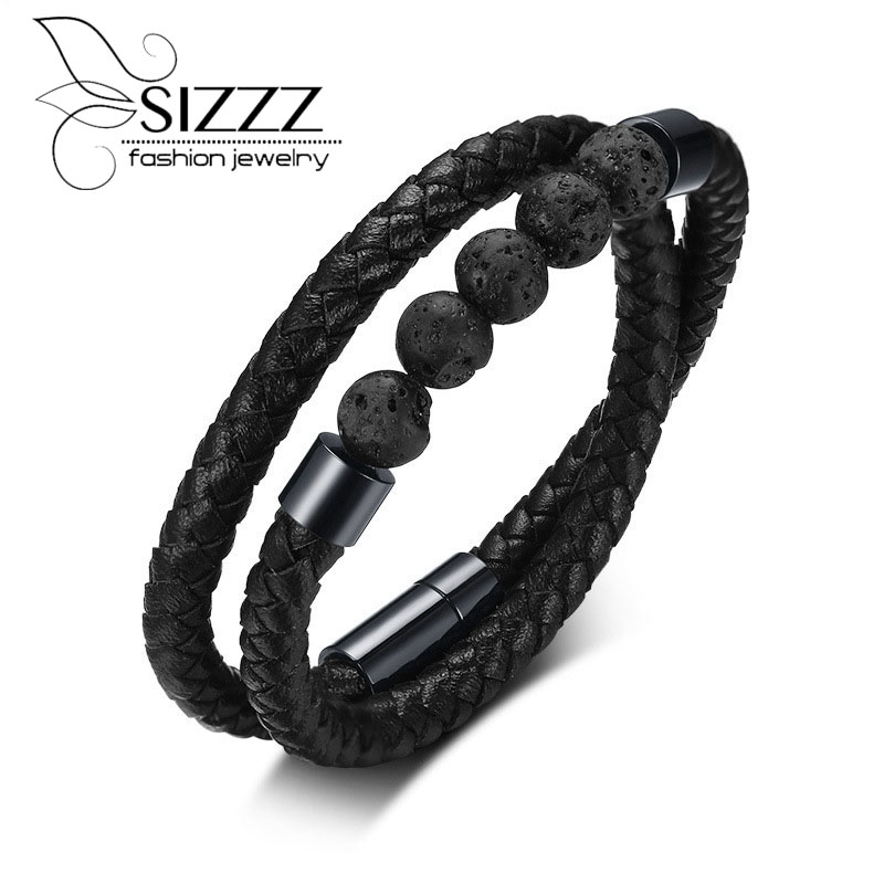 

Stainless steel stone microfiber leather double round hand rope black bracelets&bangles for men