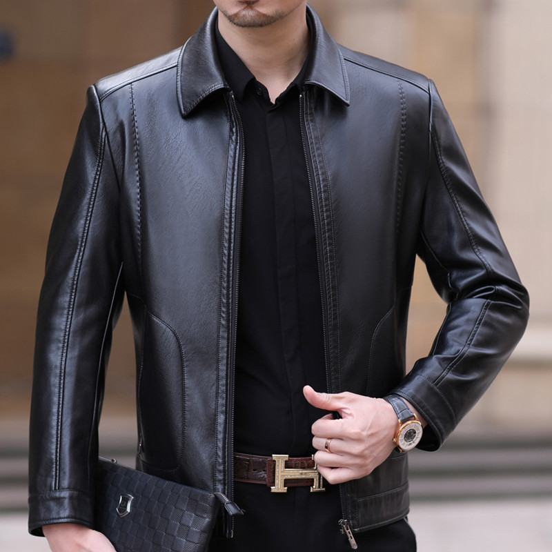 

leather clothing men's thin spring and autumn clothing middle-aged casual Lapel coat short daddy leather jacket man, Black