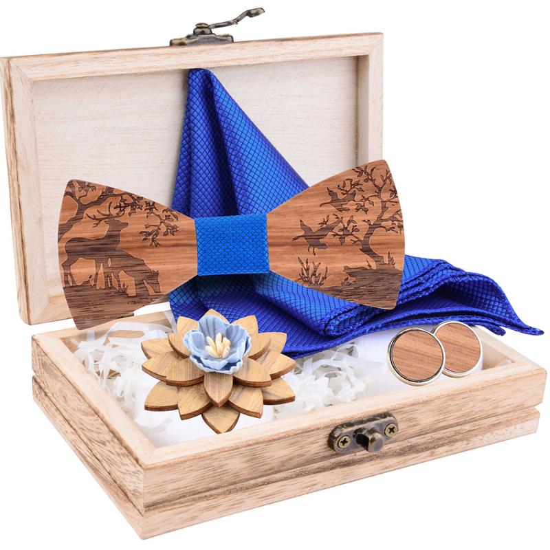 

New Arrival Wood Bowtie Handkerchief Cufflinks Brooch Sets Marriage Groom Wooden Bow Tie Bowknots Wedding Christmas Neck Ties