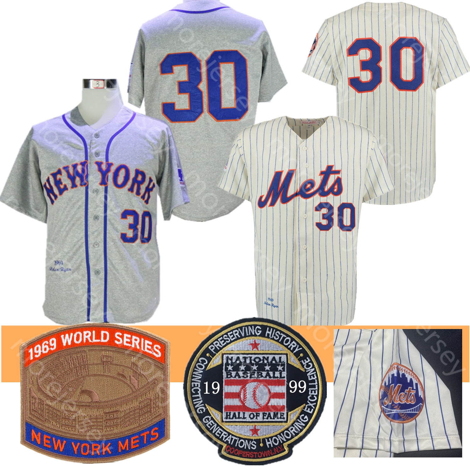 

Nolan Ryan Jersey 1969 WS Patch Baseball 1999 Hall Of Fame Coopers-town Home Away cream Pinstripe Grey All Sttiched Size M-3XL
