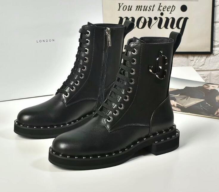 

Brand Name JC Womens Knight Ankle Autumn Winter Square Heel Martin Cow Leather Lace Up Black Boots SZ35-40, With brand logo