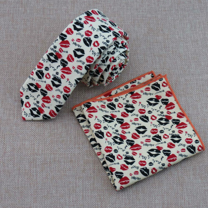 

Men's fashion new printing ties necessary red and black lip design trendy people narrow neck tie and pocket square