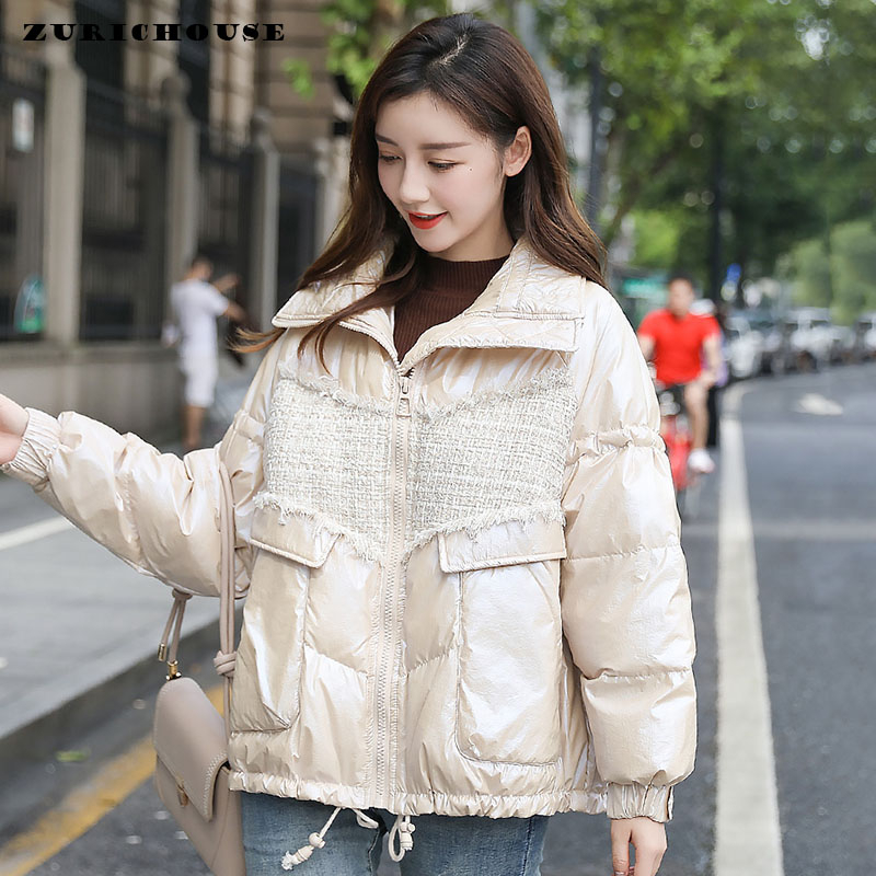 

ZURICHOUSE Tweed Down Jacket Women Stand Collar Down Parka 2020 Fashion Small Fragrant Wind Design Warm Winter Coat, Beige
