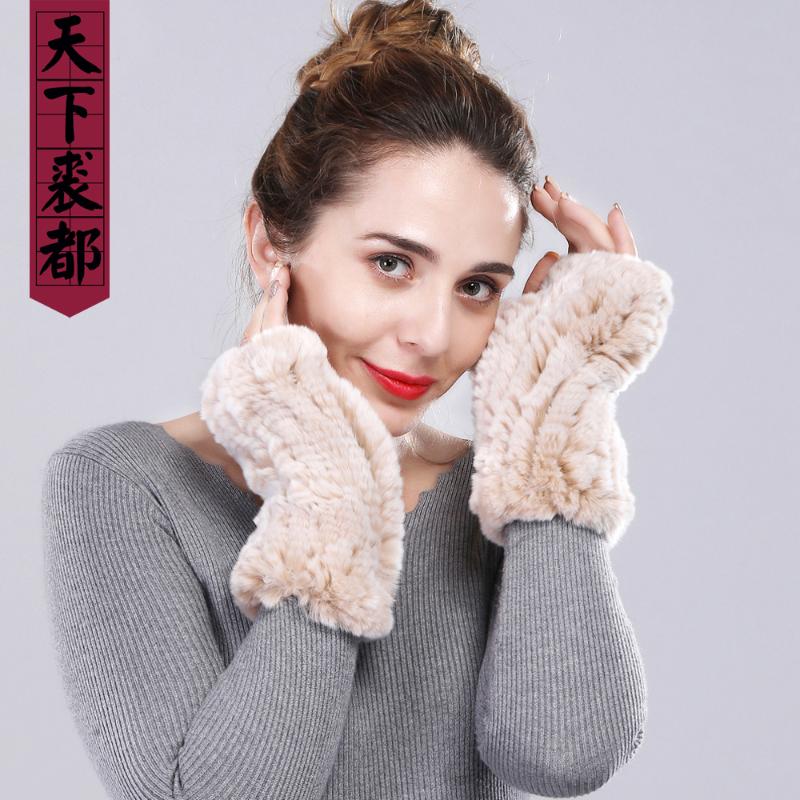 

Winter women real rex fur gloves lady knitted 100%natural fur Mittens high quality warm elastic lady glove