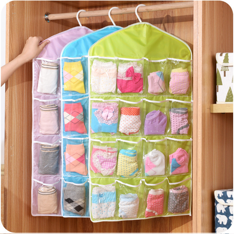 

16 Pockets Wall Mounted Wardrobe Hang Organizer Sundries Jewelry Storage Bags Underwear Cosmetics Toys Organizer Bags New, Clear bag