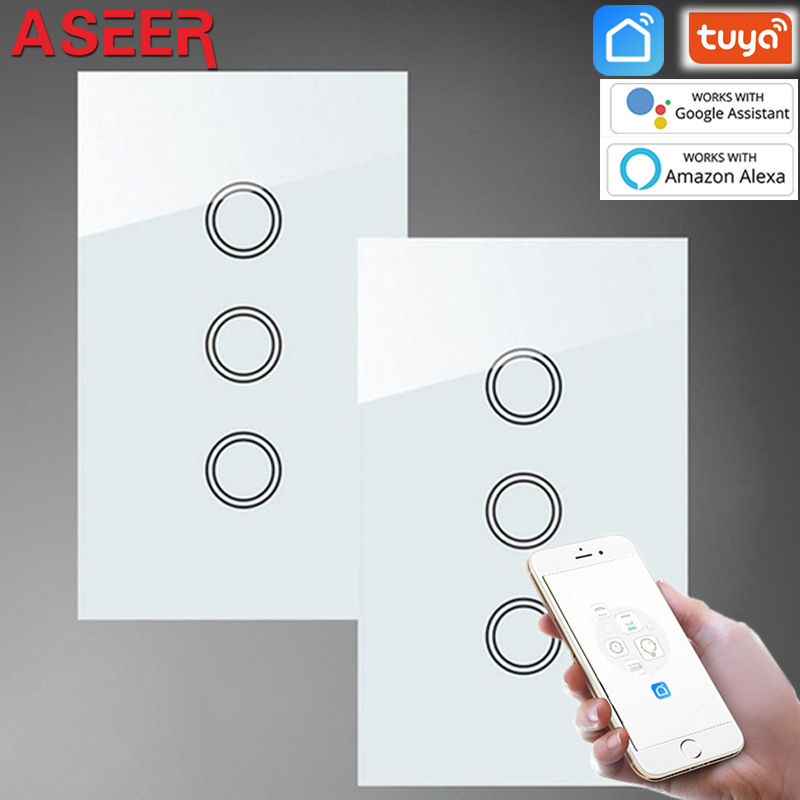

ASEER,AU/US 2pcs 3 Gang 2 Way WIFI Touch Light Wall Switch White Glass Panel with Blue/Red LED Backlight,Smart Life APP Control