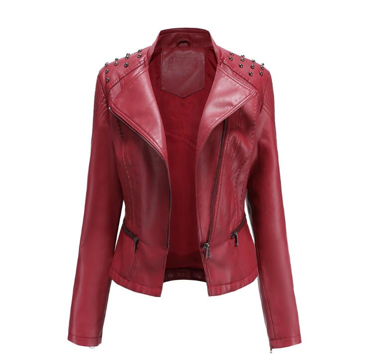 

2020 New High-Quality Slim Autumn Women Leather Jacket Thin Section Small jacket Ladies PU Outwear Slim Biker Fashion Rivet Coat, Beige