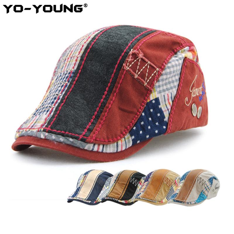

Yo-Young Patch Work Vintage Beret Caps Casquette Outdoor Fashion Sun Breathable Bone Brim Hats Unisex Flat Berets Cap Hat