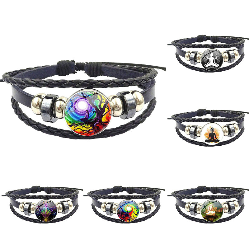 

Party Tree of Life Meditation For Women Wedding Fashion Novelty Glass Black Leather Bracelet Bangles