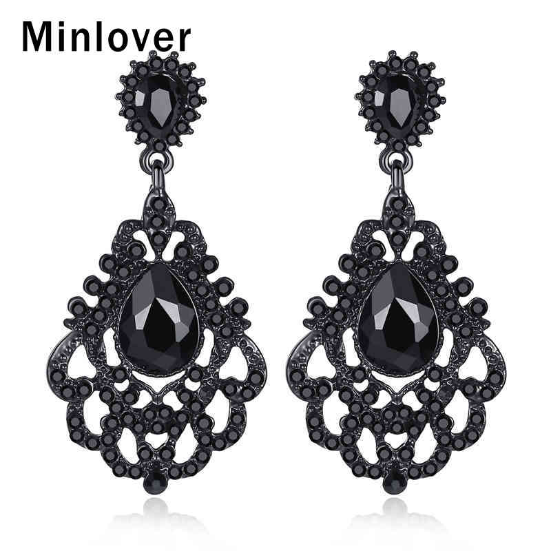 

Minlover 2020 New Vintage Black Color Rhinestone Teardrop Long Earrings for Women Crystal Flower Dangle Earring Jewelry MEH1174