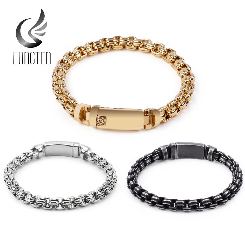

Fongten Punk Square Steel Beads Bracelet Men Link Chain Bracelets Bangle Mens Fashion Jewellery