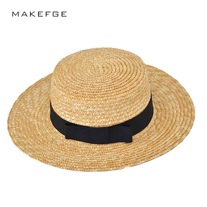 

Woman athlete sun hat 2020 summer new fashion wheat Panama sun hat beach ribbon bow knot naval style straw woman cap, Black 01