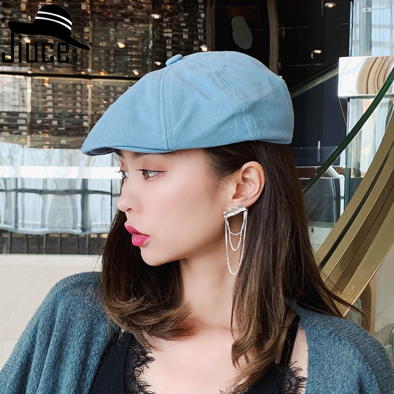 

Korean Hat Autumn New Solid Color All-Cotton Peaked Cap Fashion Men's Casual Hat Fashion Retro Newsboy Female, Blue