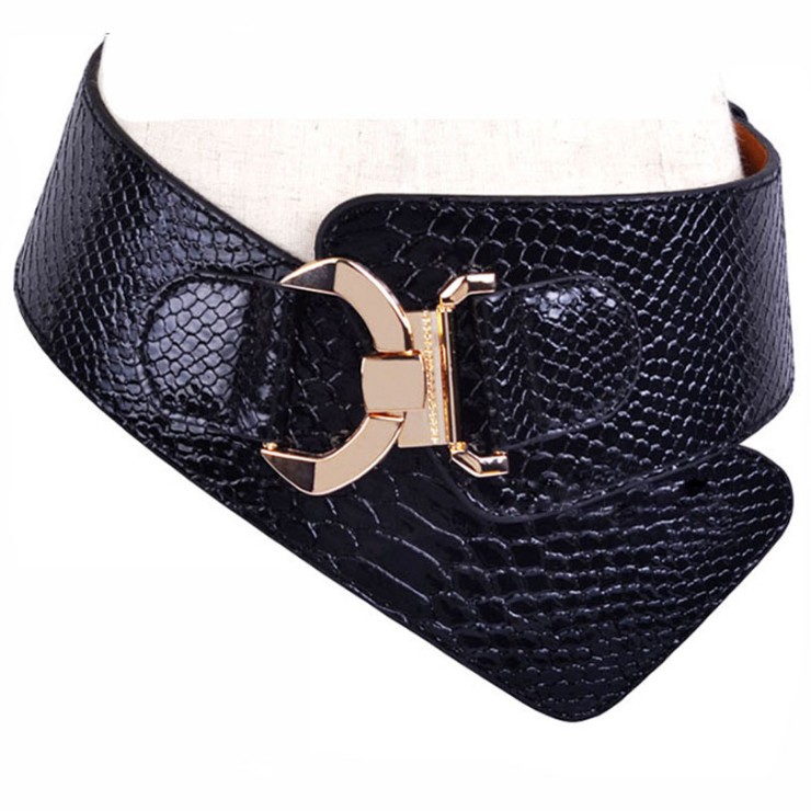 

Free shipping new fashion punk elastic waist belt width women crocodile pattern cummerbund leather wide strap buckle cummerbunds, Black
