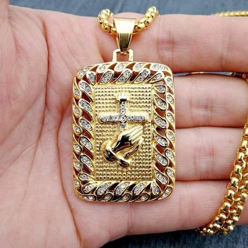 

Men's 316L Stainless Steel Chain Pendant Necklace Religious Square Praying Hands Cross Necklace Motorcycle Party Hip Hop Jewelry