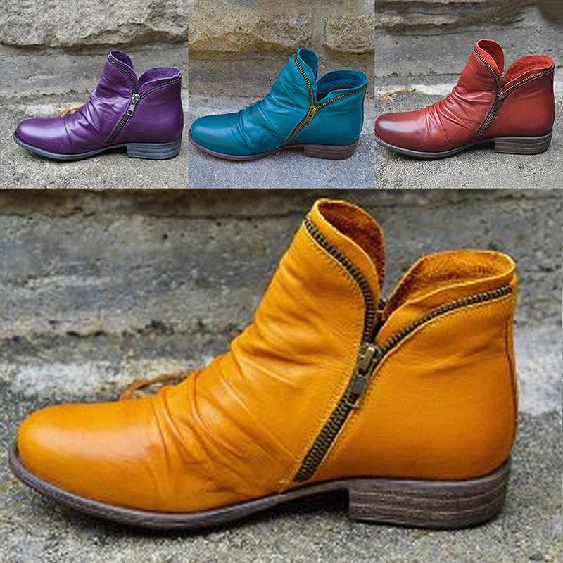 

Women PU Leather Ankle Boots Zipper Fashion Female Autumn Short Boots Low Heel PU Short Punk Botas Mujer, Yellow