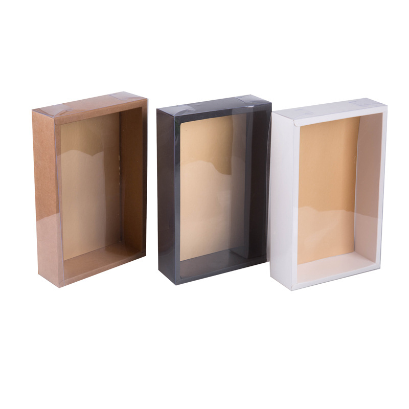 

20pcs White Black Kraft Paper Box with PVC Cover Cake Cookie Jewelry Display Box Candy Packaging