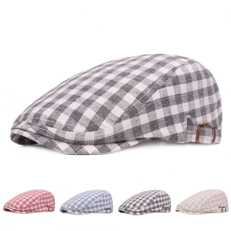 

Berets Plaid Summer Sun Hats For Men Women Casual Check Cotton Beret Caps Flat Cap Adjustable Male, Blue