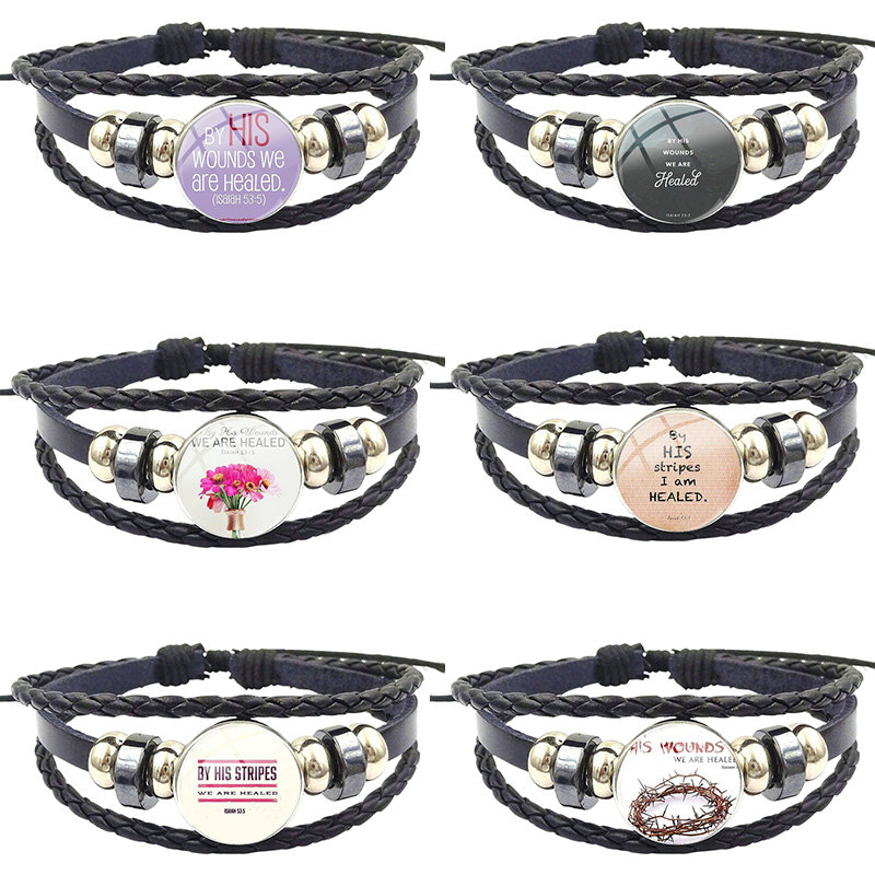 

Jewelry Black Leather Bracelet Bangle Jewelry Crystal Gift For Valentine'S Day Gift By His Wounds We Are Healed Isaiah