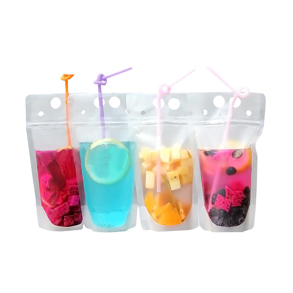 

2020 100pcs Clear Drink Pouches Bags frosted Zipper Stand-up Plastic Drinking Bag with straw with holder Reclosable Heat-Proof