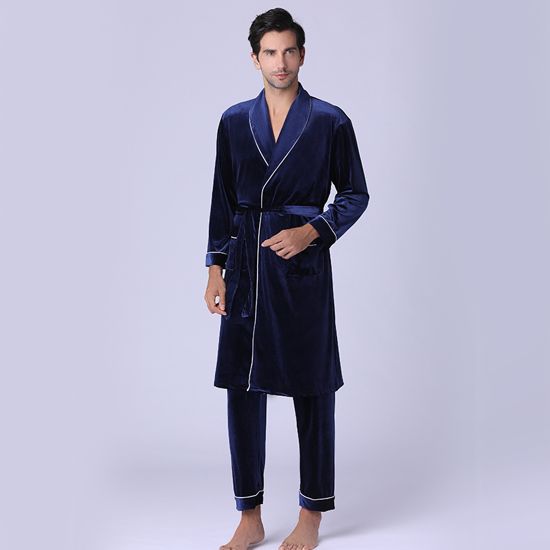 

Nightgown men autumn winter velvet bathrobe south Korean velvet pajamas men long thick home wear two pieces, Wine red