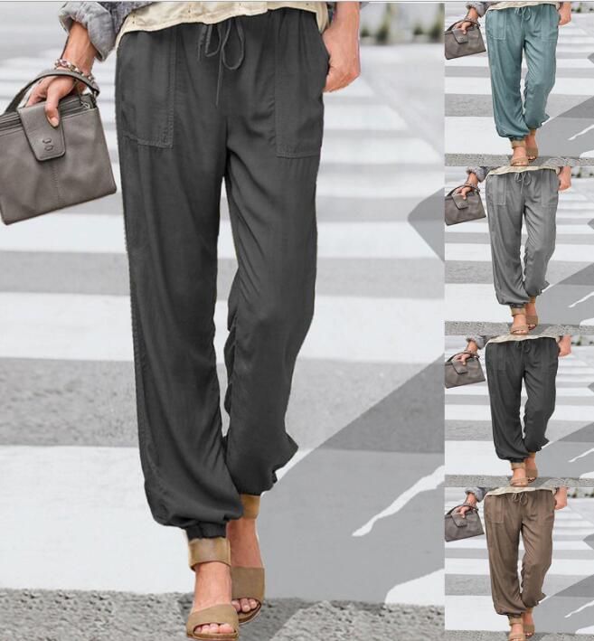 

Women' spring and autumn new solid color stretch loose waist and feet casual pants, Blue