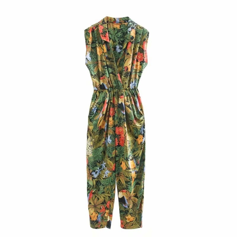 Flabbit 2020 women tropical leaves flower birds print jumpsuits female sleeveless elastic waist casual slim siamese pants DS888 Y200904-image-582799613