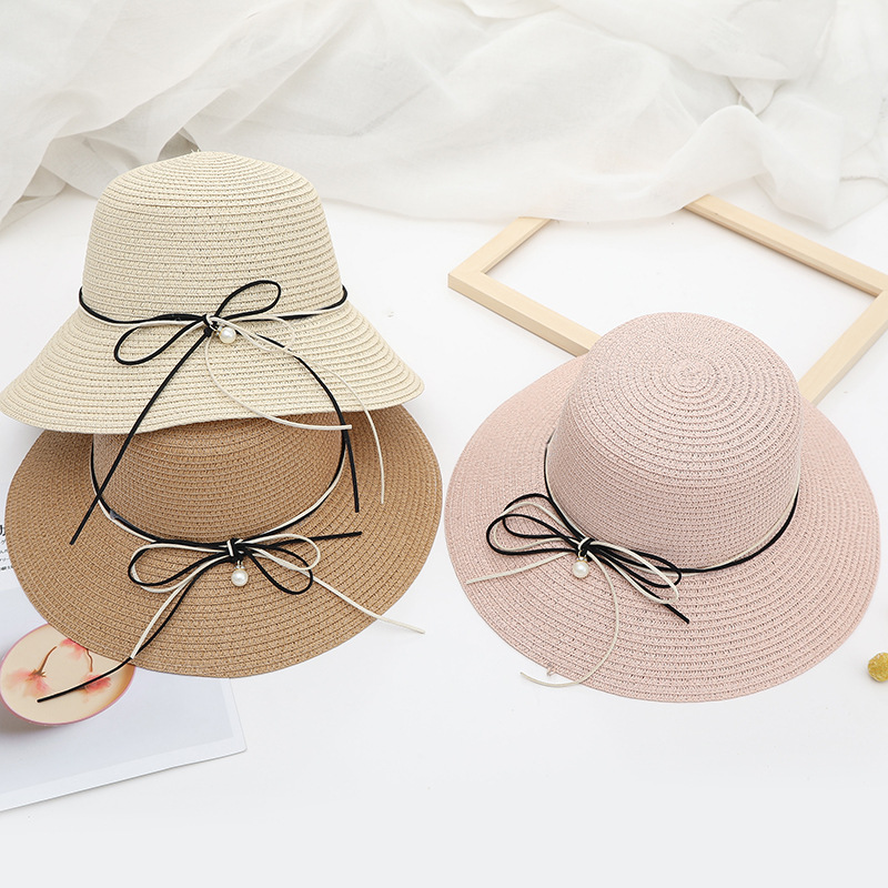 

Women sun hat Summer female folding tide sun visor pearl butterfly rope anti-UV travel beach big along straw fisherman hat, Khaki