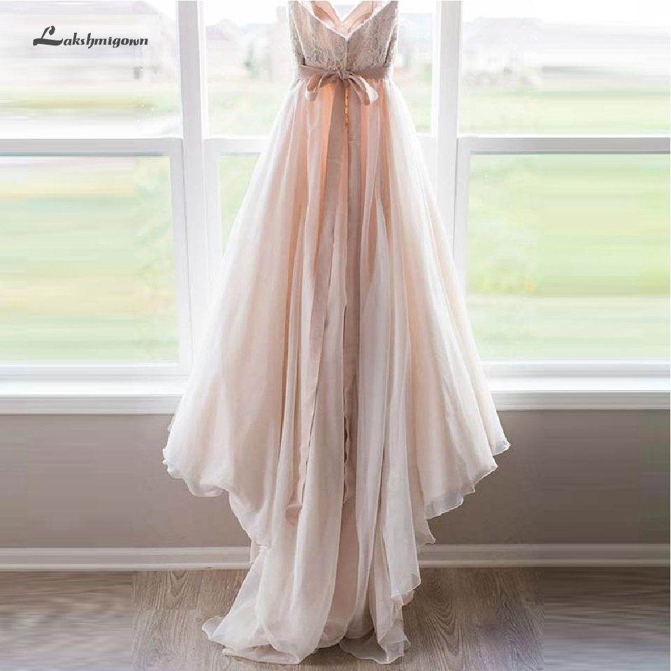 

Lakshmigown Blush Pink A Line Wedding Dress Boho 2019 Lace Bodice Bridal Dresses with Sash Simple Wedding Gowns Off Shoulder, Ivory