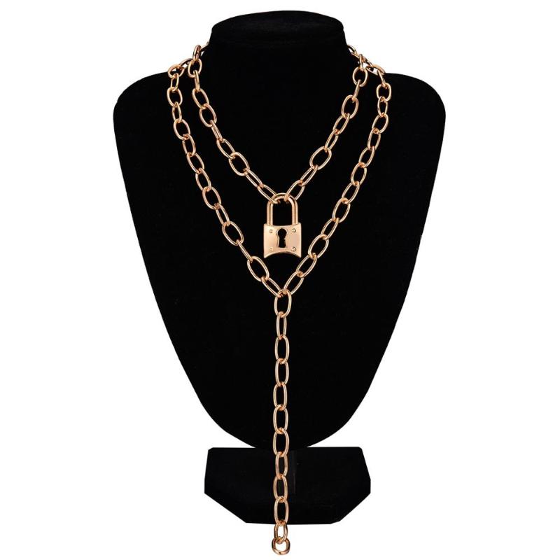 

2 Pcs/set Steampunk Hyperbole Lock Pendant Necklace for Women Statement Curb Miami Cuban Chunky Chain Neck Collar Jewelry Gift