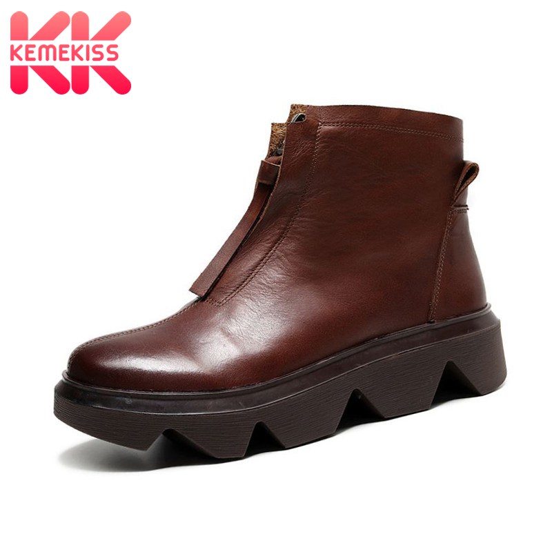

KemeKiss Real Leather Women Ankle Boots Front Zipper Trifle Shoes Winter Warm Boots Women Fashion Party Footwear Size 35-40, Black
