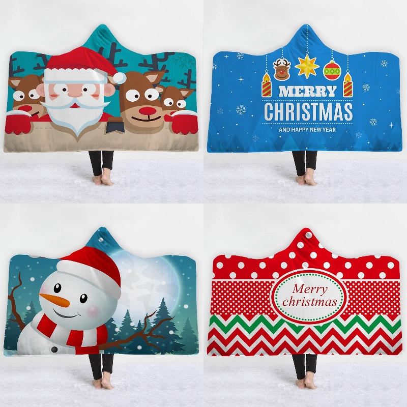 

Hood Blanket Christmas Printed 150*200cm Fleece Weighted Blanket Warm Soft Plush Wearable Throw For Adults Kids