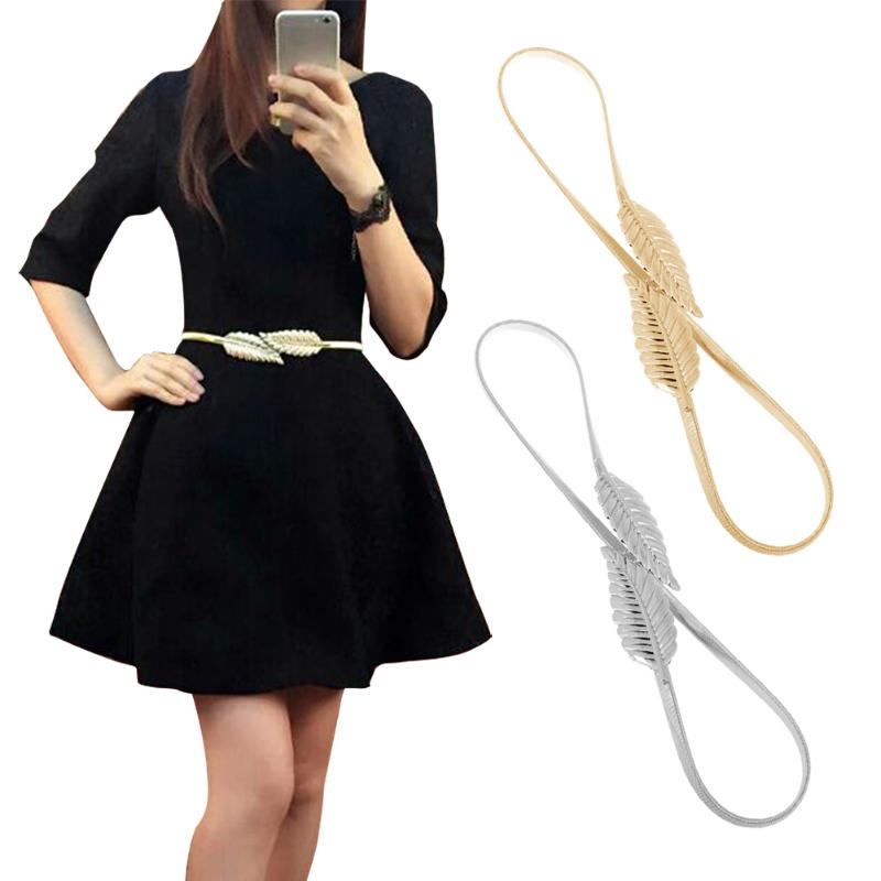 

Hot Women Belt Leaf Design Clasp Front Stretch Metal Waist Belt Skinny Elastic Ceinture, Silver