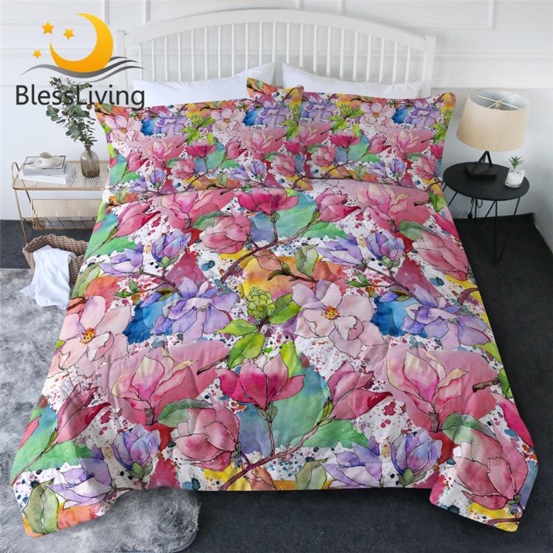 

BlessLiving Magnolias Quilt Set Flowers Summer Comforter Watercolor Pink Bedding 3 Pieces Leaf Floral colcha verano Queen, 001