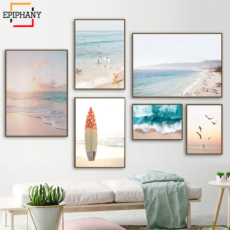 

California Beach Wall Art Coastal Print Modern Boho Canvas Painting Surfing Aerial Waves Posters Wall Pictures for Living Room