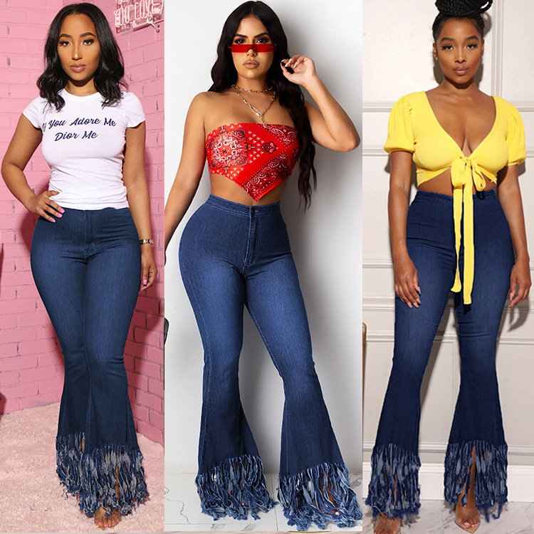 

Women high waist casual jeans Washed distressed stretch skinny jeans High street sexy tassel denim pants Lady denim flared pants, 01