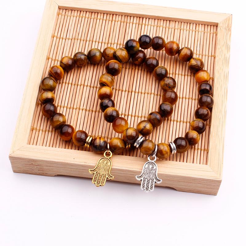 

Tiger Eyes Beads Bracelet Men Charm Natural Stone Gold Sliver Hand Of Hassam Braslet For Man Handmade Casual Jewelry