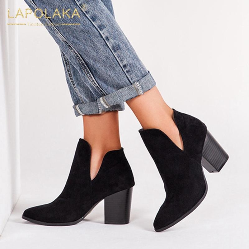 

Lapolaka 2020 New Design Big Size 43 Chunky High Heels Ankle Boots Woman Shoes Slip On Concise Slip On Spring Shoes Ladies Boots, Black