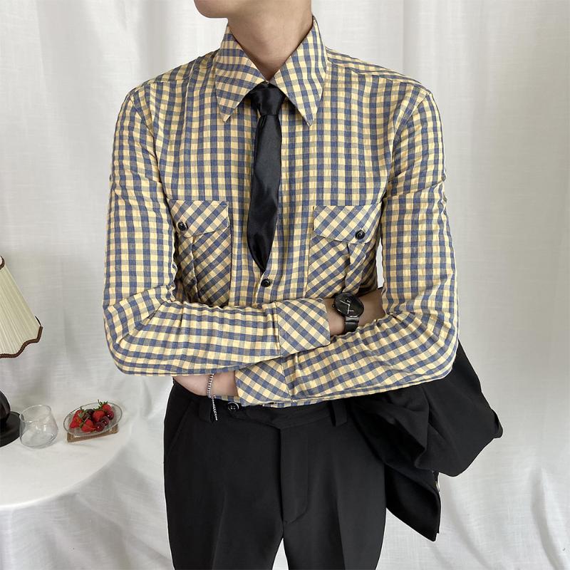 

New Fashion Men Plaid Shirts Korean Version Long Sleeve Casual Slim Fit Shirt Business Streetwear Social Blouse Camisa Masculina, Black