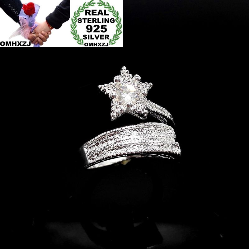 

OMHXZJ Wholesale European Fashion Woman Man Party Wedding Gift Silver White Star Zircon Open 925 Sterling Silver Ring RR279