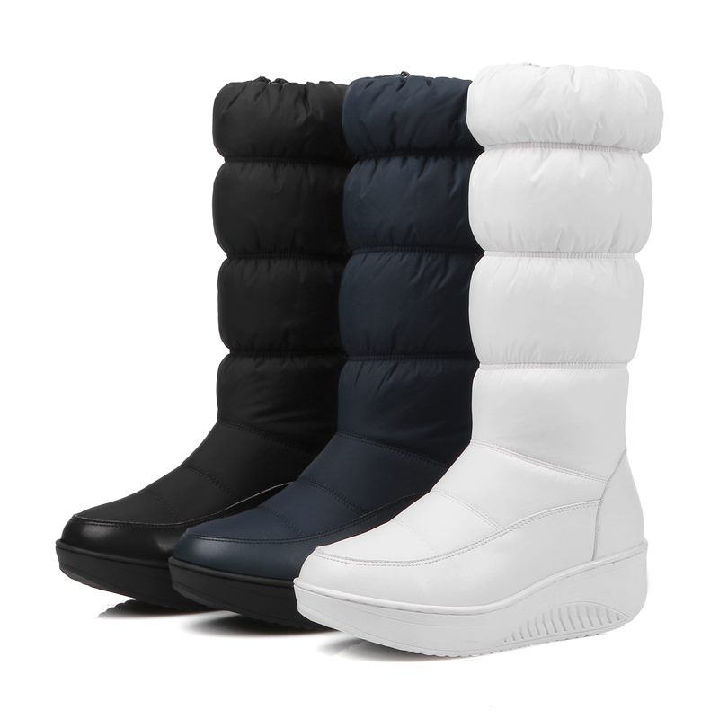 

OllyMurs Plus size 35-44 new fashion winter snow boots platform shoes footwear mid calf women boots solid color zipper white, Black