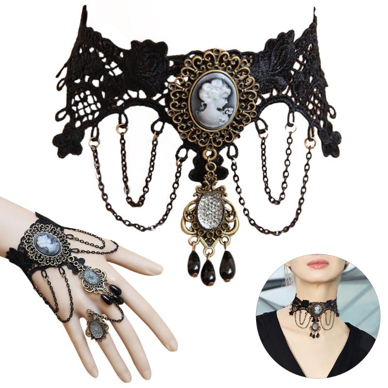 

2PCS/Set Lace Choker Necklace Gothic Clavicle Necklace with Hand Chain for Halloween Party Women Cosplay Jewellery