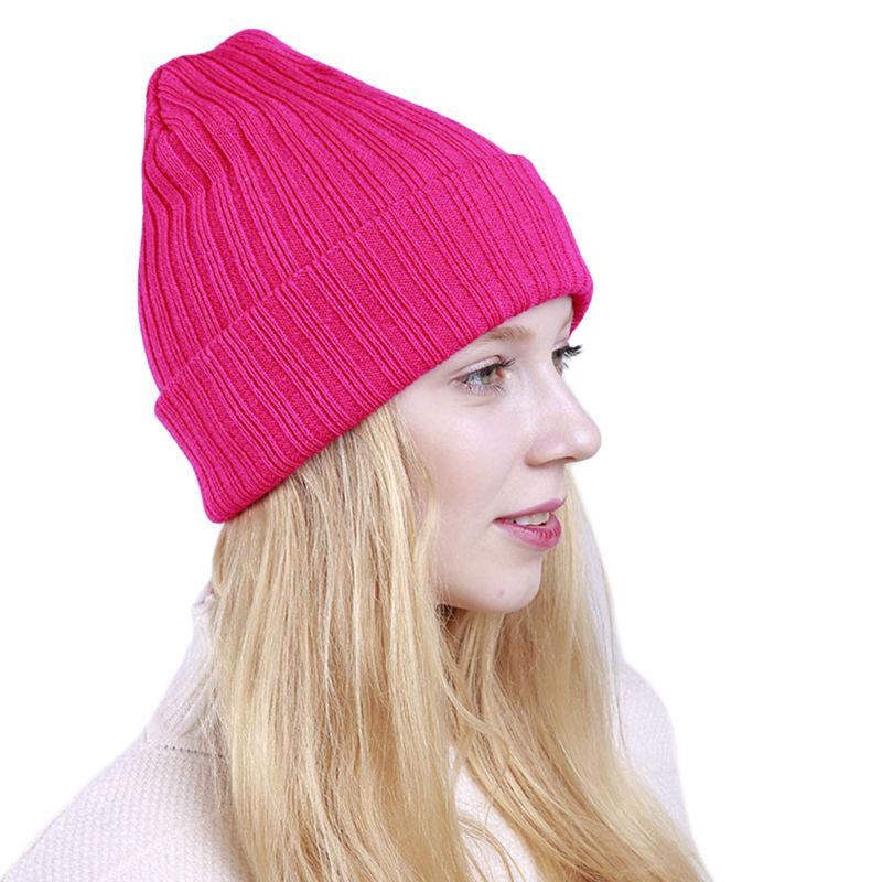 

Women Winter Ribbed Knit Vertical Striped Beanie Cap Neon Color Ski Cuffed Hat, Pink