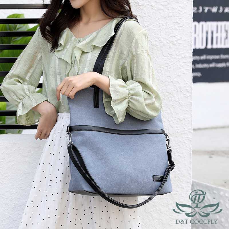 

D&T 2020 New Fashion Canvas Shoulder Bag Women Waterproof Colorful 16'Inch Laptop Luxury Zipper Soft Solid multi-function Bag, Blue