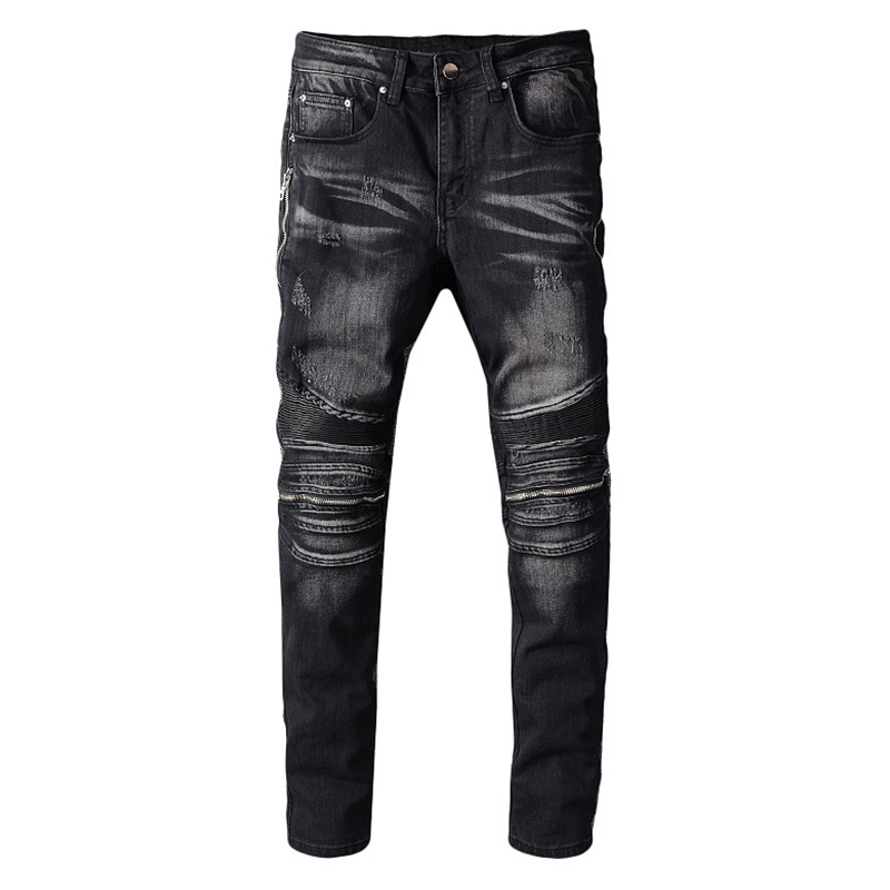 

Sokotoo Men's PU leather patchwork biker jeans for motorcycle Slim skinny zippers black stretch denim pants