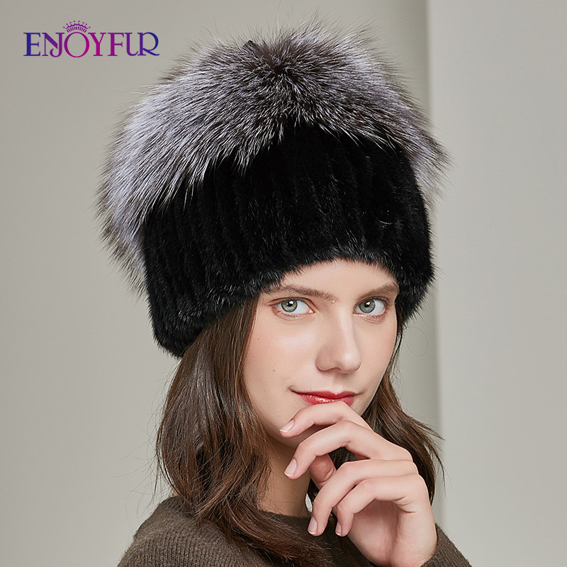 

ENJOYFUR women winter hats real fur fashion flower bead girl bonnets warm fleece lining russia female ski beanies, 01