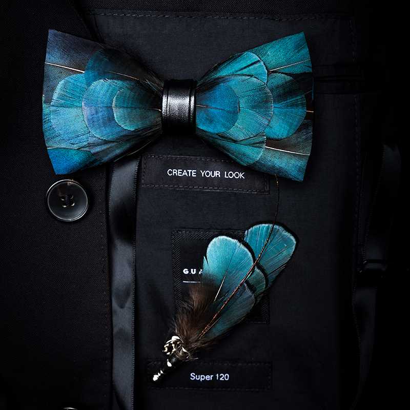 

New Free Shipping male Natural feather handmade classic blue piece noble wedding groom banquet hosted tourism gifts bow tie set