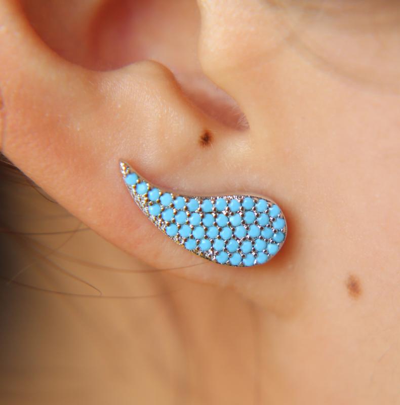 

New 100% 925 Sterling Silver luxury blue stone turquoises micro pave long ear wire climber wing girl silver earring