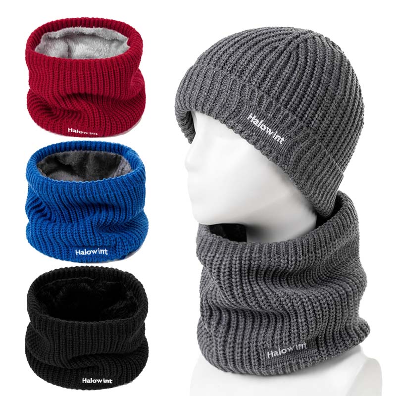

New Women Girls Hat Scarf Set Keep Warm Winter Casual Knitted Hat Hemming Plus velvet Winter Scarf Set, Beige